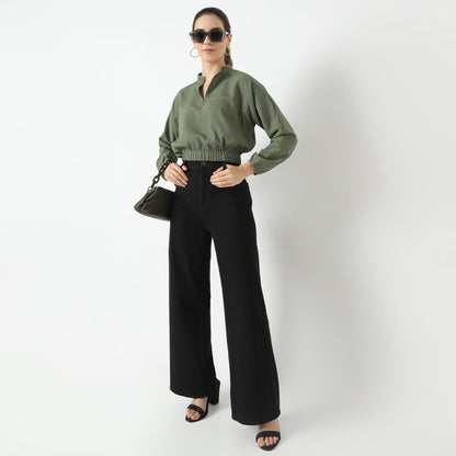 Regular Fit Solid Band Collar Top