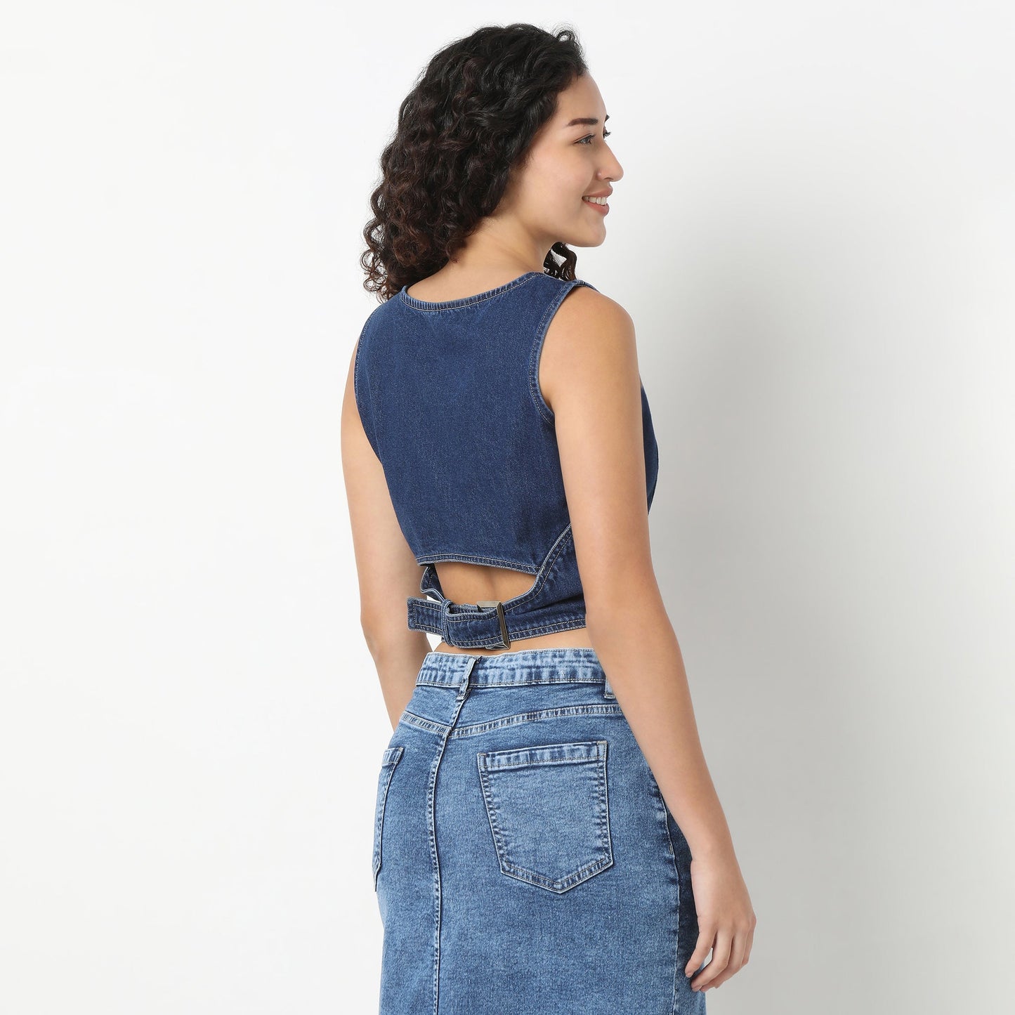 Denim Basic Waistcoat with Metal Button Closure