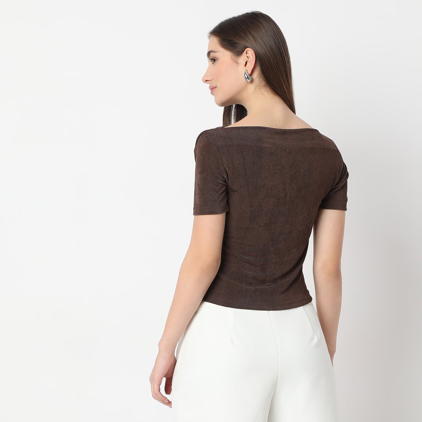 Cowl Neck Short Sleeve Asymmetrical Hemline Party Top