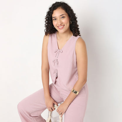 V-Neck Top With Front Tie-Up Detail
