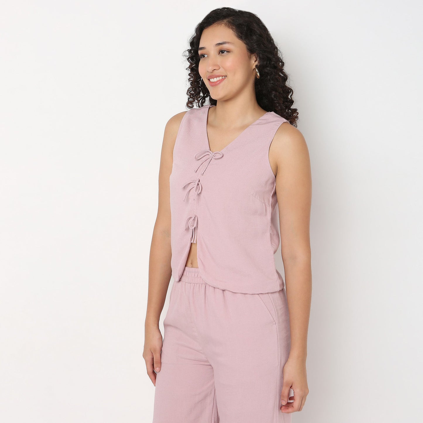 V-Neck Top With Front Tie-Up Detail