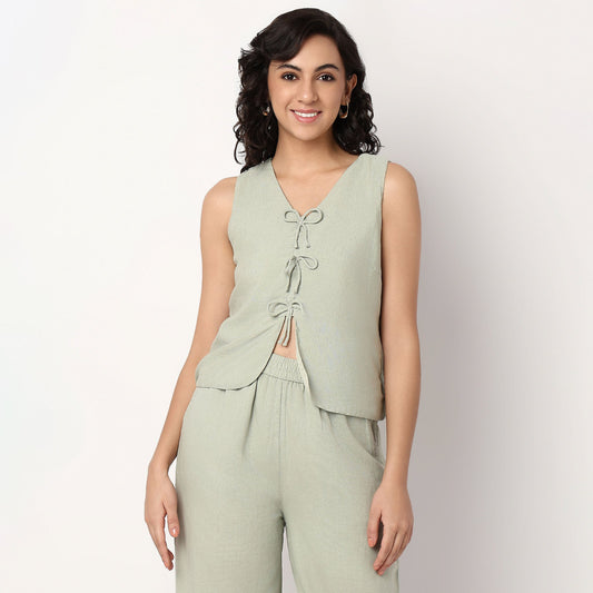 V-Neck Top With Front Tie-Up Detail