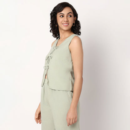 V-Neck Top With Front Tie-Up Detail