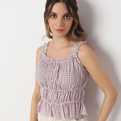 Checkered Square Neck Betty Sleeveless Top