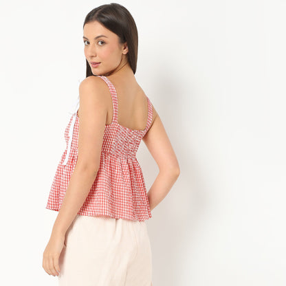 Women Square Neck Sleeveless Checkered Flare Fit Top