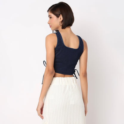 Denim Knit Top With Side Cross Strap Look