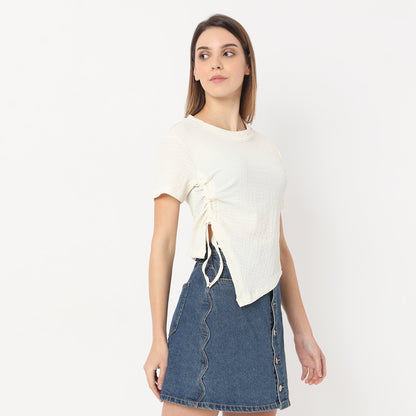 Regular Fit Solid Cropped Betty Short Sleeve Top with Ruching