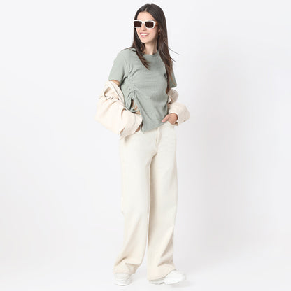 Regular Fit Solid Cropped Betty Short Sleeve Top with Ruching