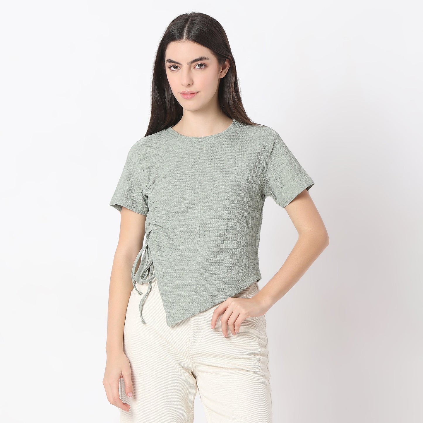 Regular Fit Solid Cropped Betty Short Sleeve Top with Ruching
