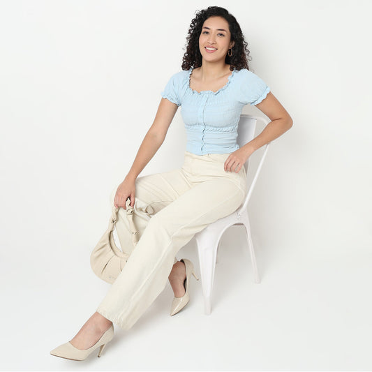 Smocking Detail Square Neck Cropped Top