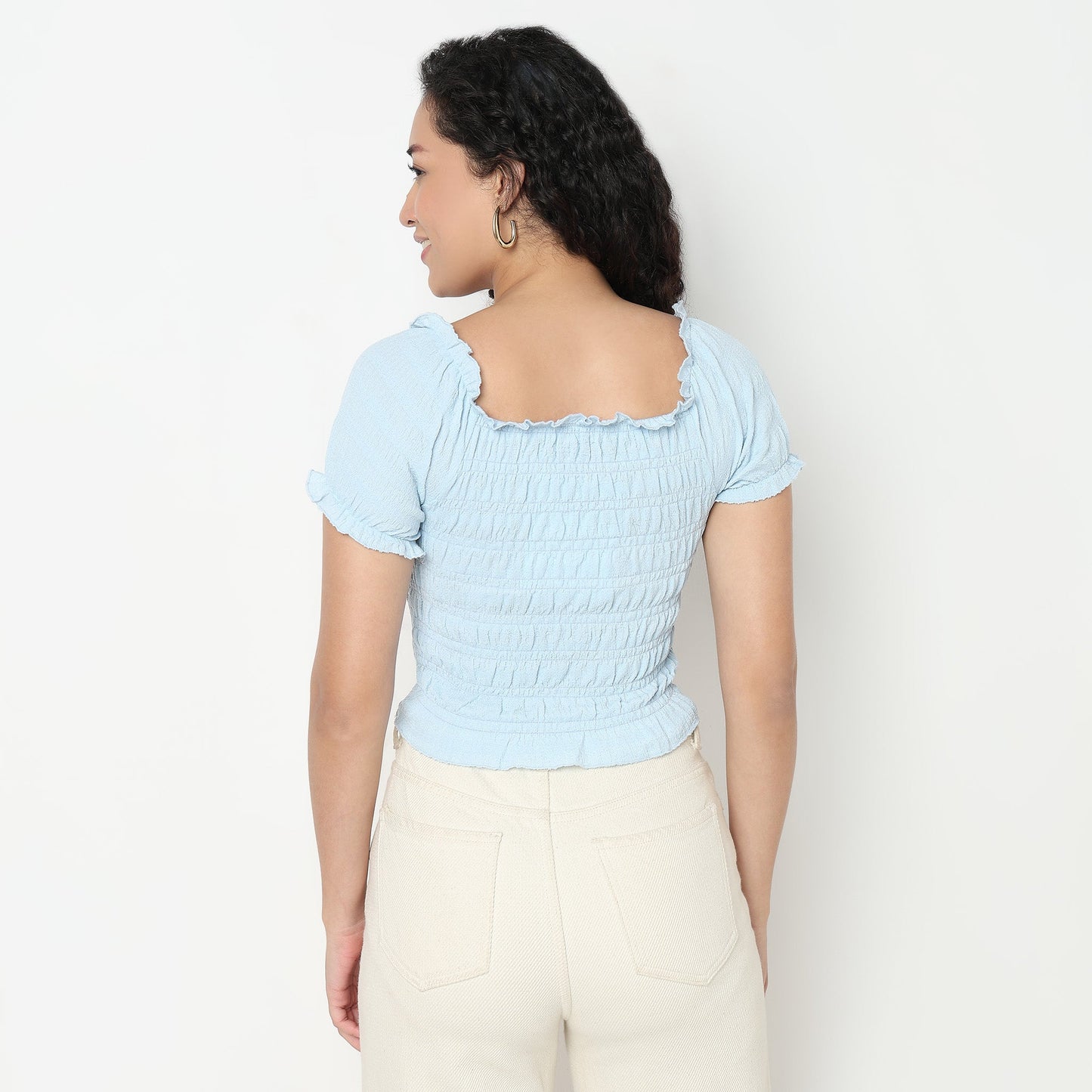 Smocking Detail Square Neck Cropped Top