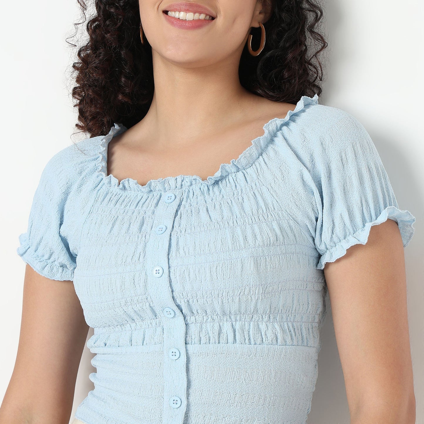 Smocking Detail Square Neck Cropped Top