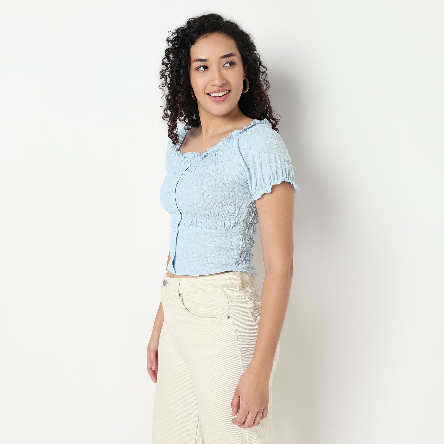Smocking Detail Square Neck Cropped Top