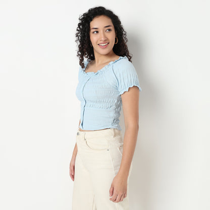Smocking Detail Square Neck Cropped Top