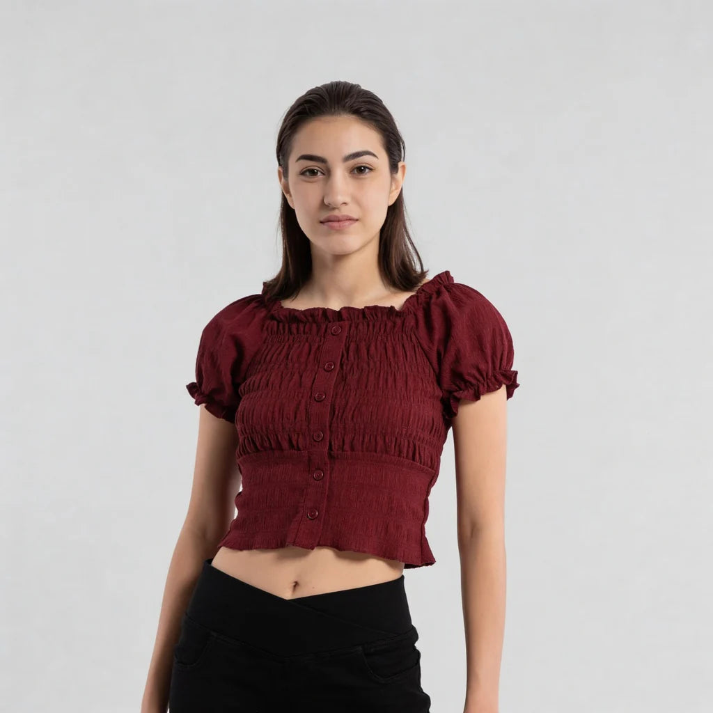 Smocking Detail Square Neck Cropped Top