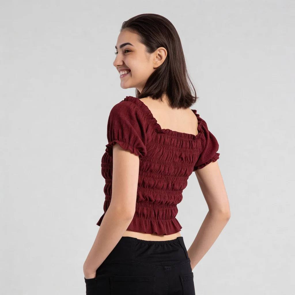Smocking Detail Square Neck Cropped Top