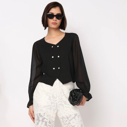 V-Neck Double Breasted Top With Korean Buttons