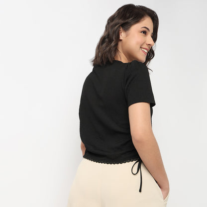 V-Neck Top With Front Button Opening And Side Ruching