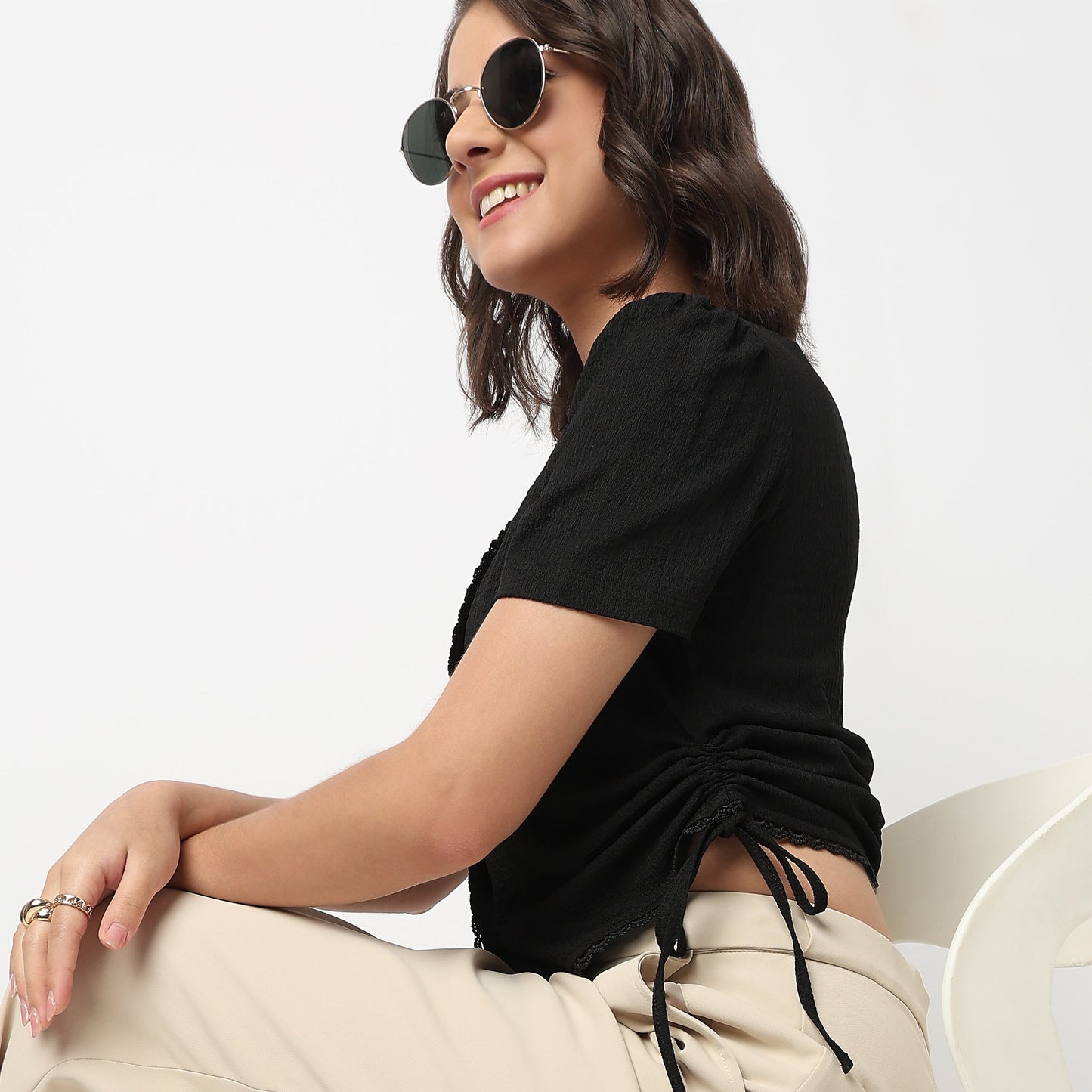 V-Neck Top With Front Button Opening And Side Ruching