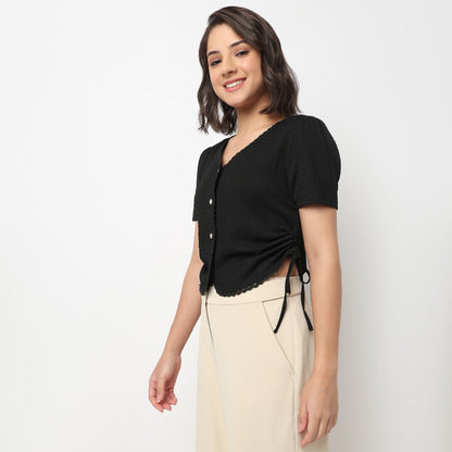 V-Neck Top With Front Button Opening And Side Ruching