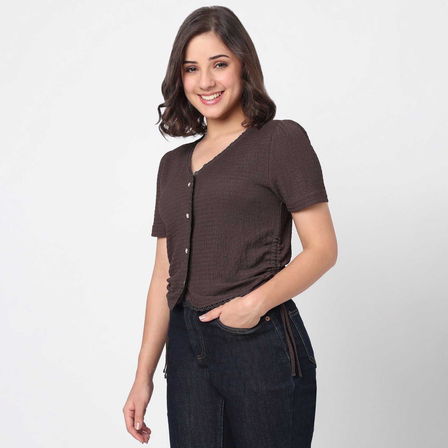 V-Neck Top With Front Button Opening And Side Ruching