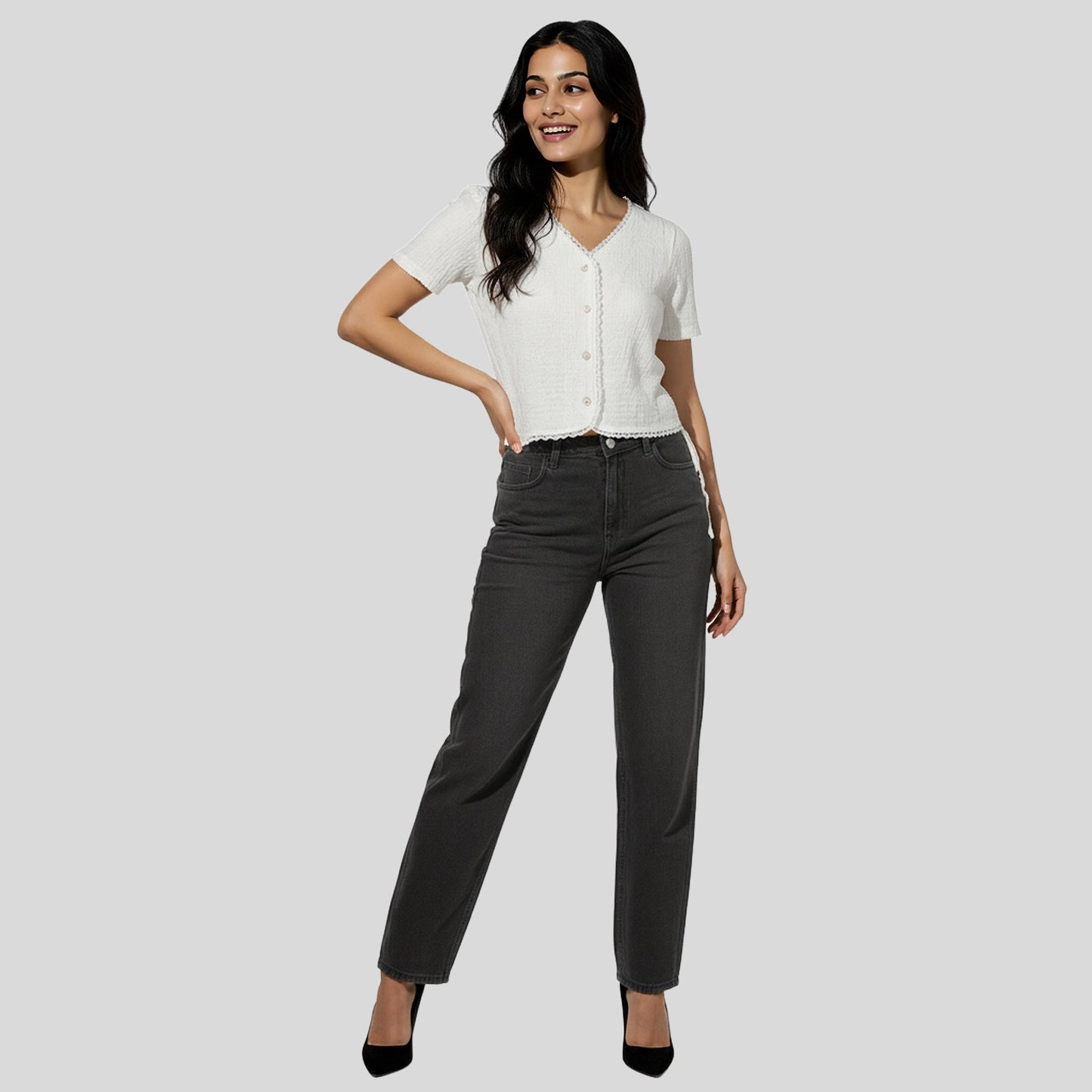 V-Neck Top With Front Button Opening And Side Ruching