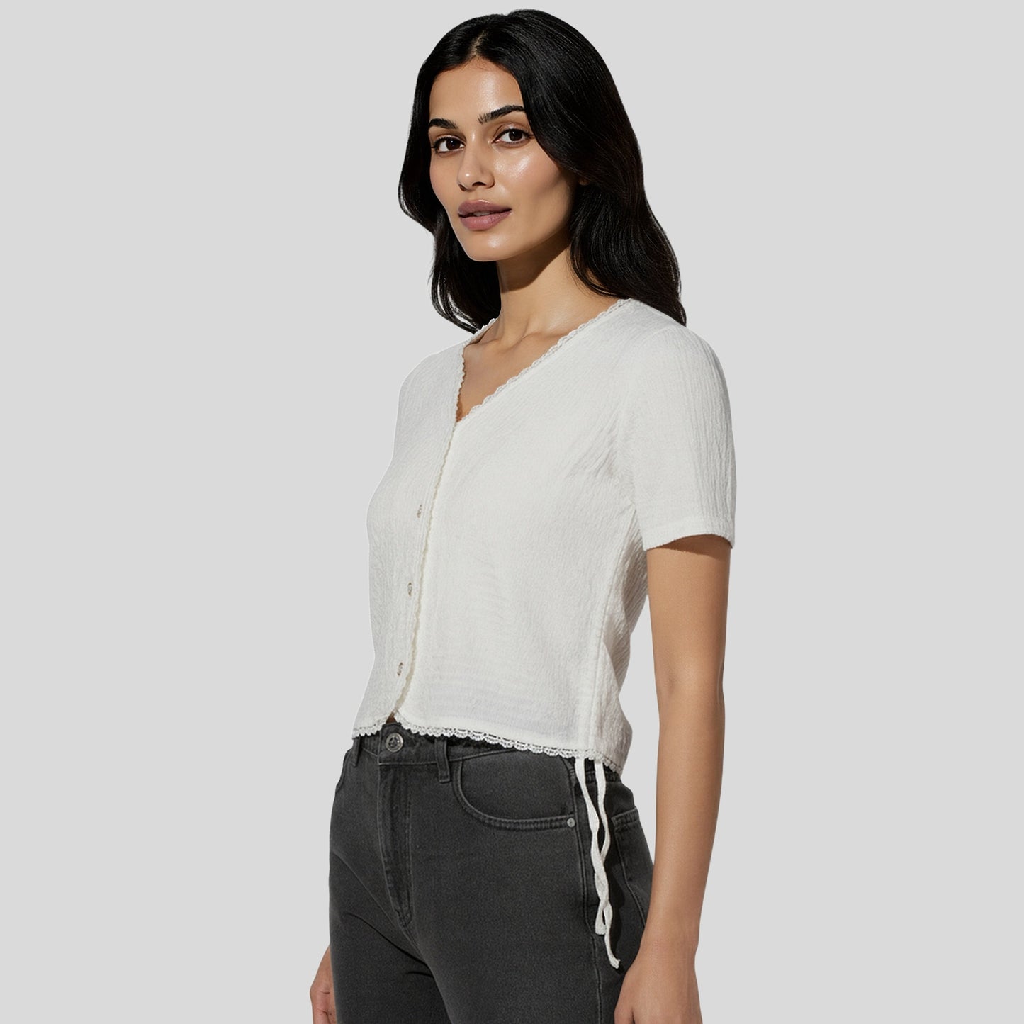 V-Neck Top With Front Button Opening And Side Ruching
