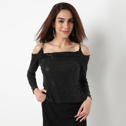 Embellished Cowl Neck Party Top