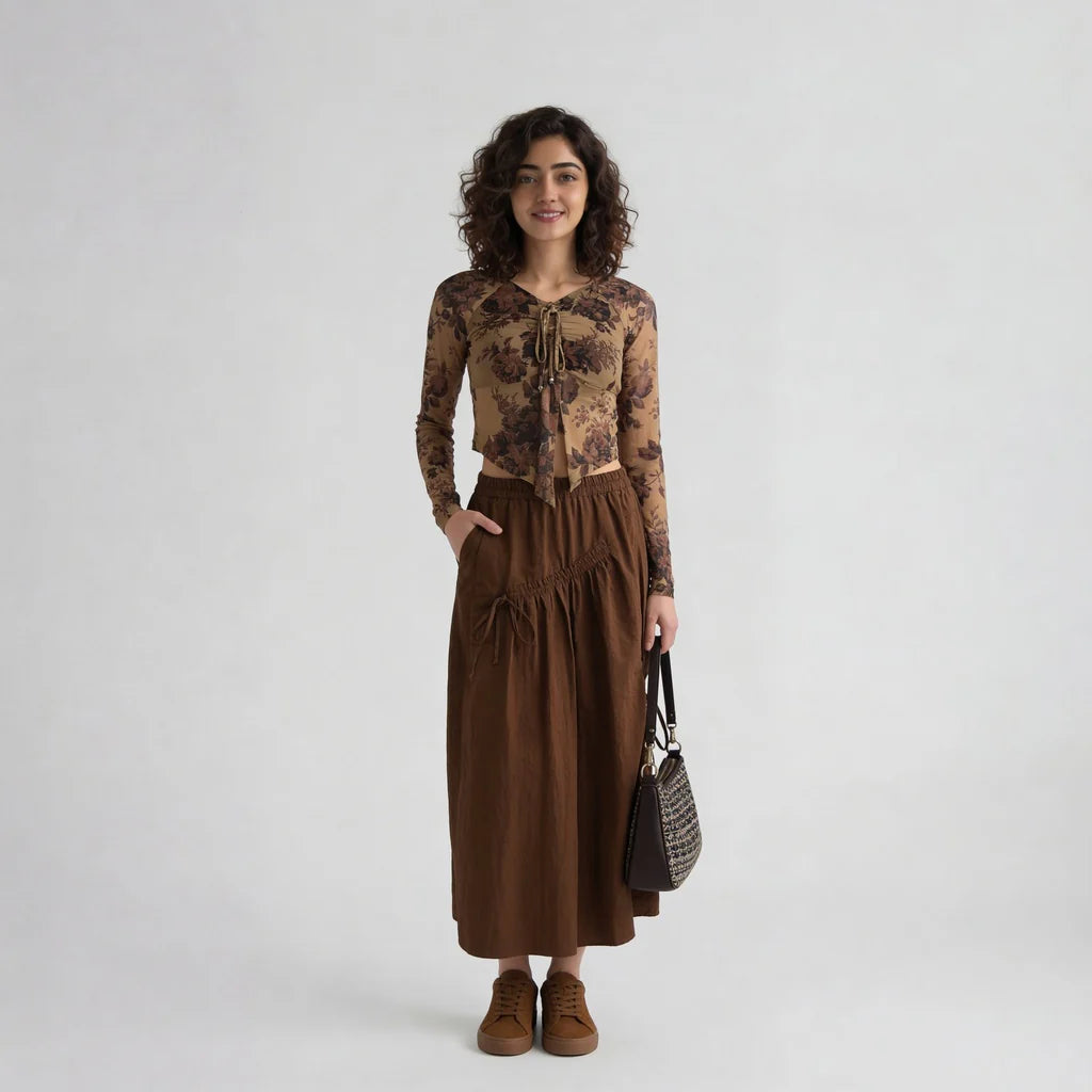 V-Neck Full Sleeves Asymmetrical Crop Top