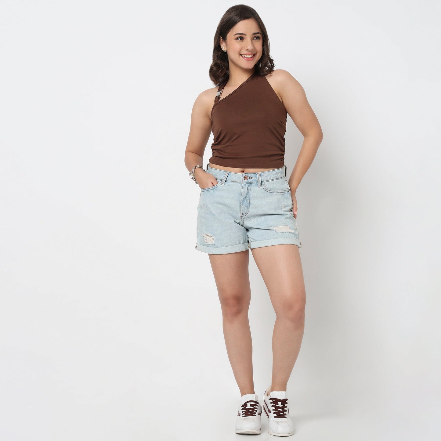 Cropped One Shoulder Ruched Top With Metal Adjuster