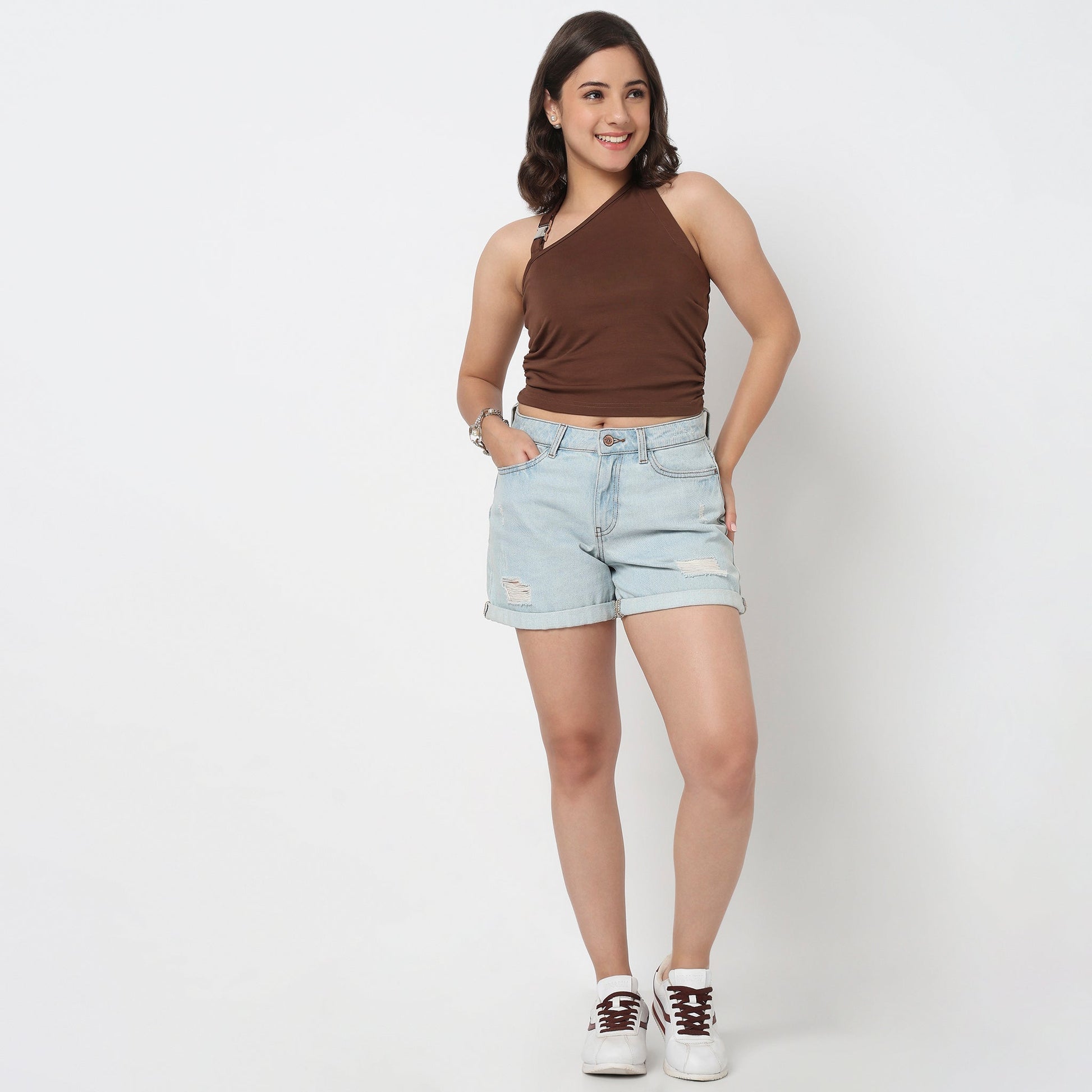 Cropped One Shoulder Ruched Top With Metal Adjuster
