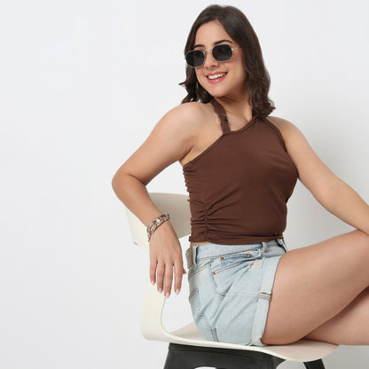 Cropped One Shoulder Ruched Top With Metal Adjuster