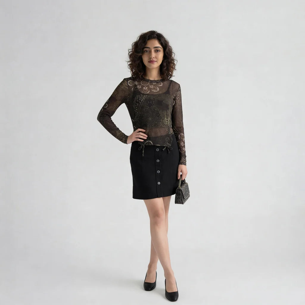 Floral Mesh Top With Ruching At Sides