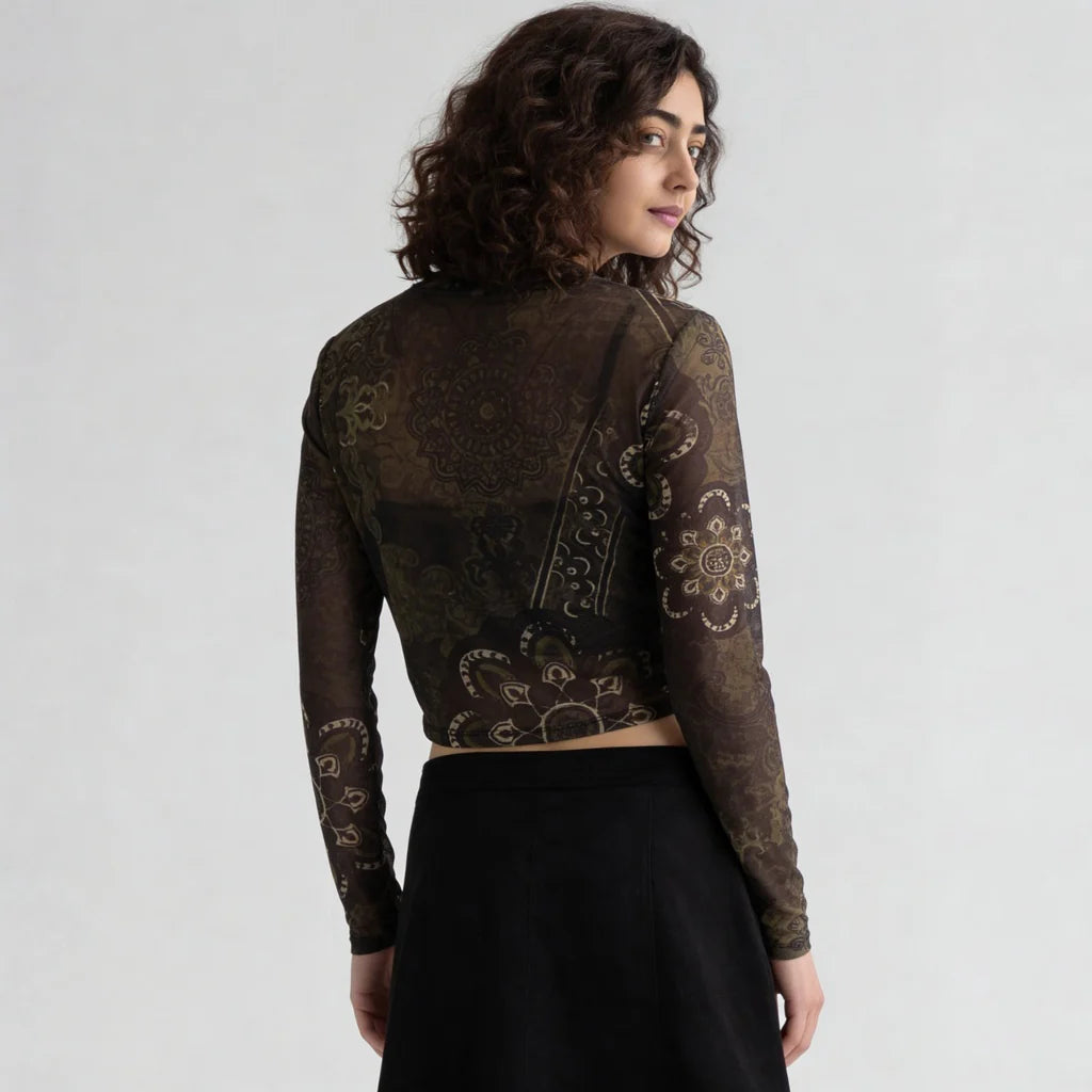 Floral Mesh Top With Ruching At Sides