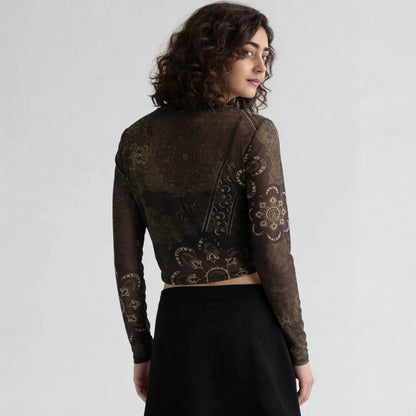 Floral Mesh Top With Ruching At Sides