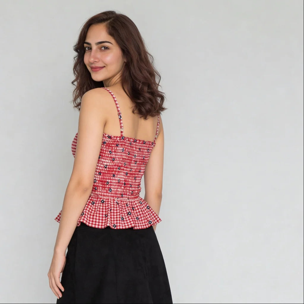 Checkered Slim Fit Top With Satin Lace Detail