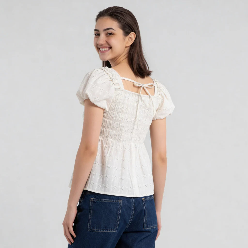 Cotton Printed Smocking Top With 3D Flowers Embelilshment