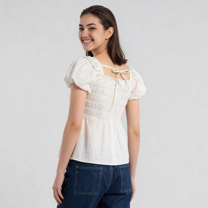 Cotton Printed Smocking Top With 3D Flowers Embelilshment
