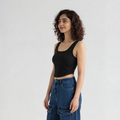 Cotton Polyester Elastane Solid Sleeveless Top