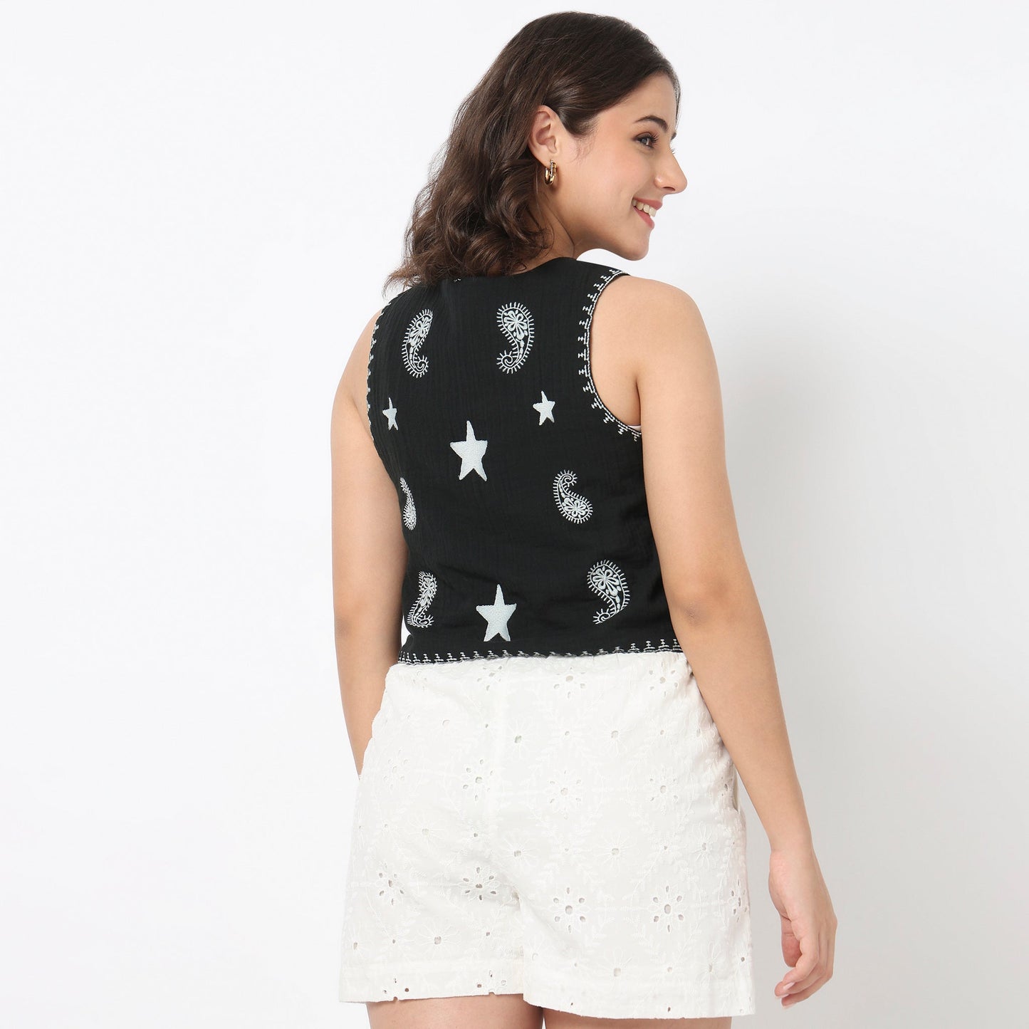 Cotton Embroidered V-Neck Top