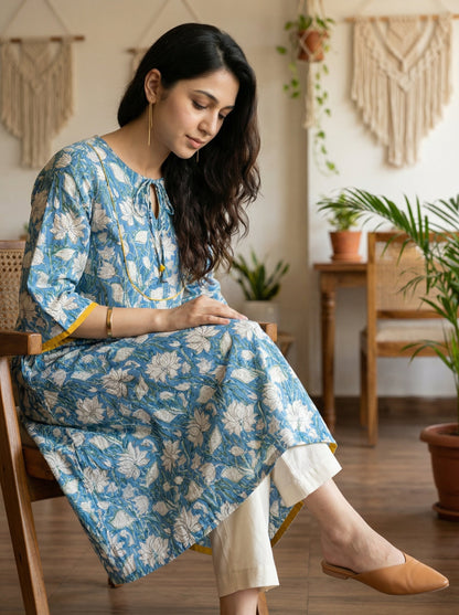 Jazz Waves Cotton Blue/White Yoke Kurta
