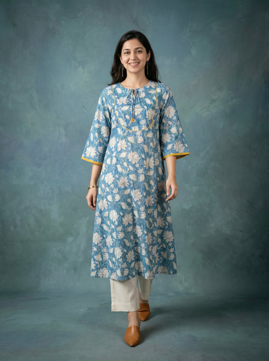 Jazz Waves Cotton Blue/White Yoke Kurta