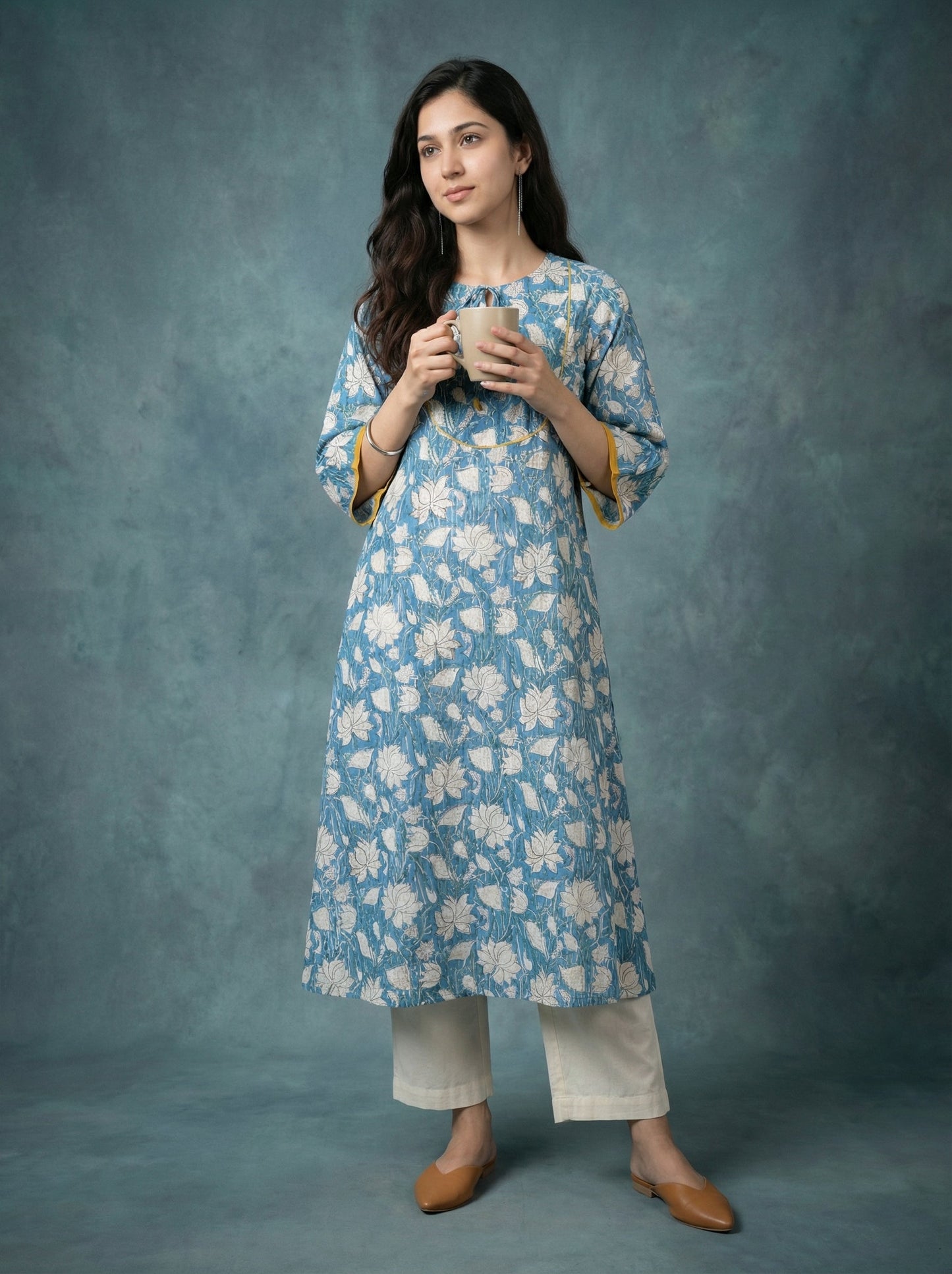 Jazz Waves Cotton Blue/White Yoke Kurta