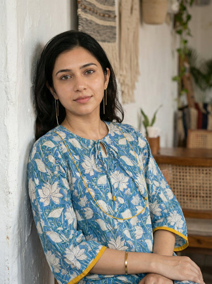 Jazz Waves Cotton Blue/White Yoke Kurta
