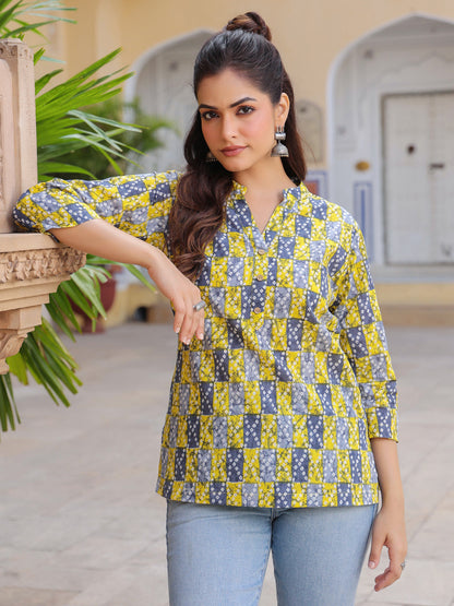 Yellow cotton mandarin collar top