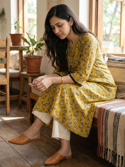 Jazz Waves Cotton Sand Yellow/Green Yoke Kurta