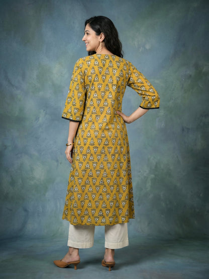 Jazz Waves Cotton Sand Yellow/Green Yoke Kurta