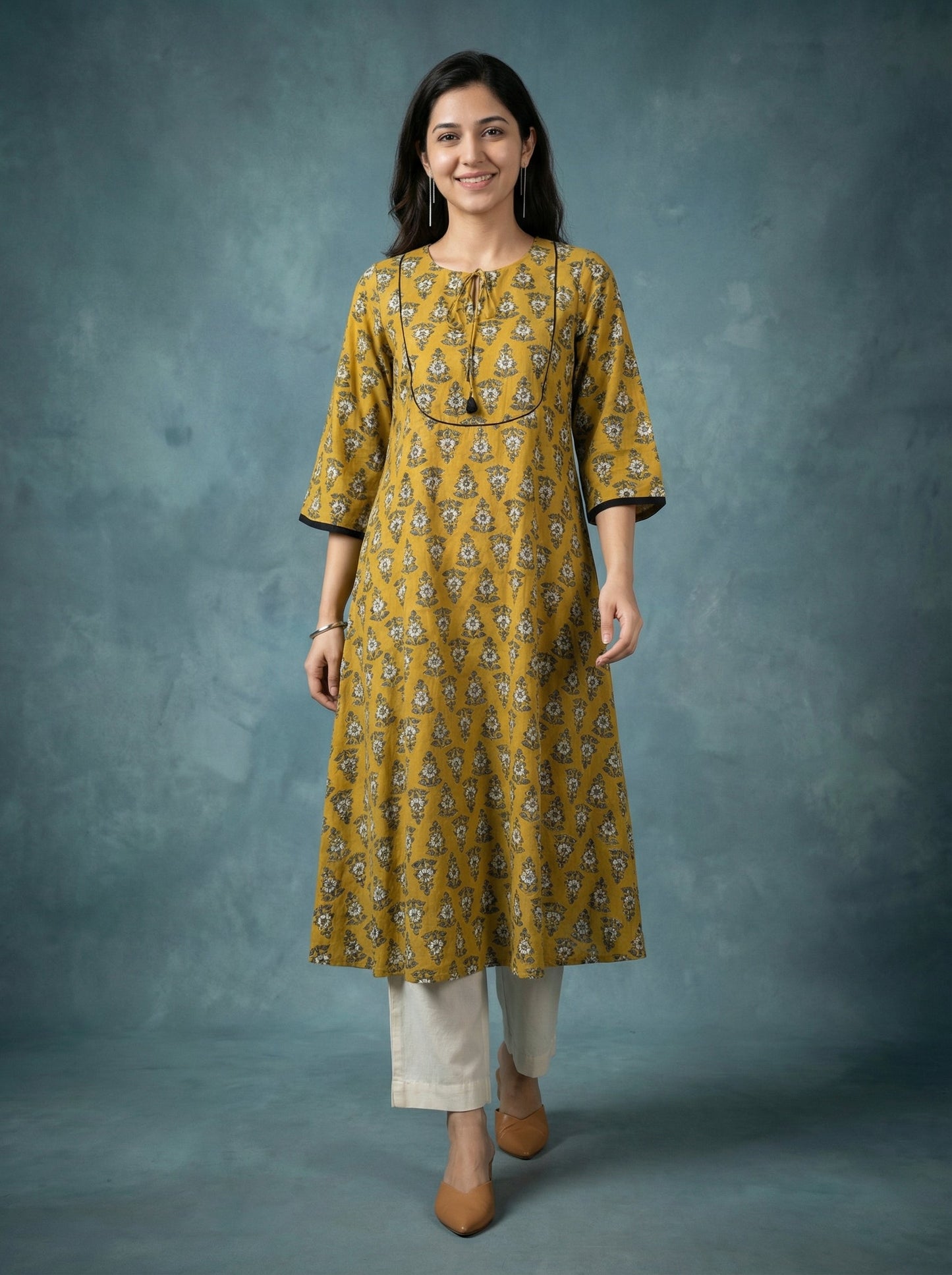 Jazz Waves Cotton Sand Yellow/Green Yoke Kurta