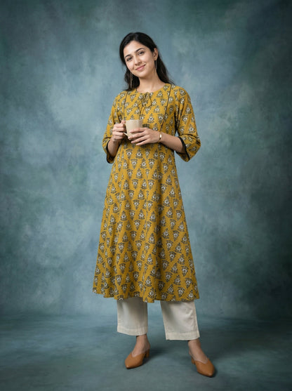 Jazz Waves Cotton Sand Yellow/Green Yoke Kurta
