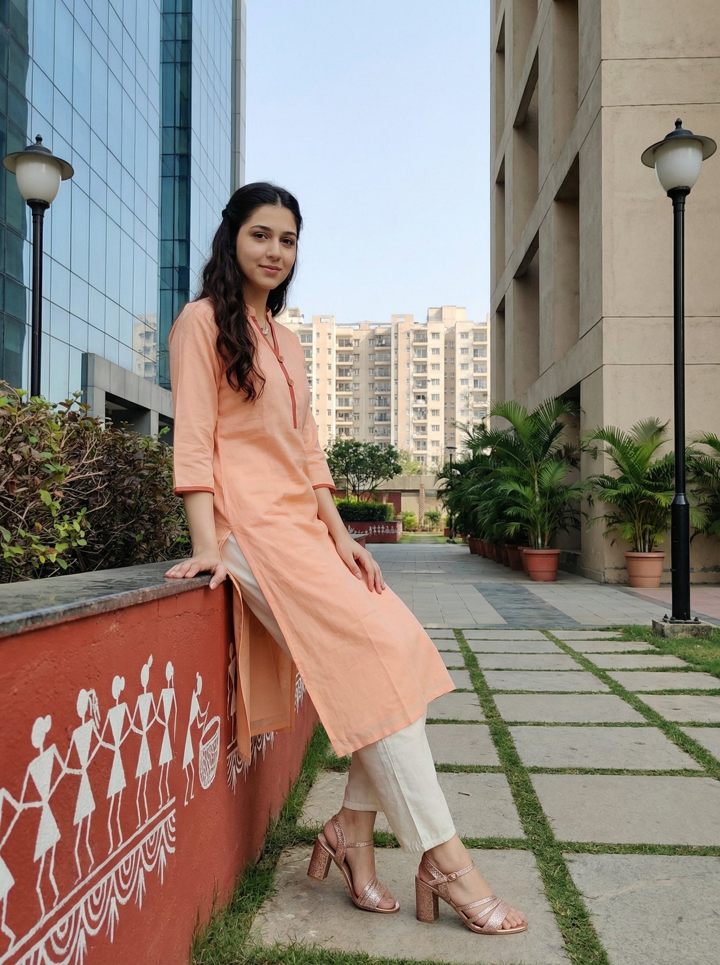 Peach Mul Kurta Set